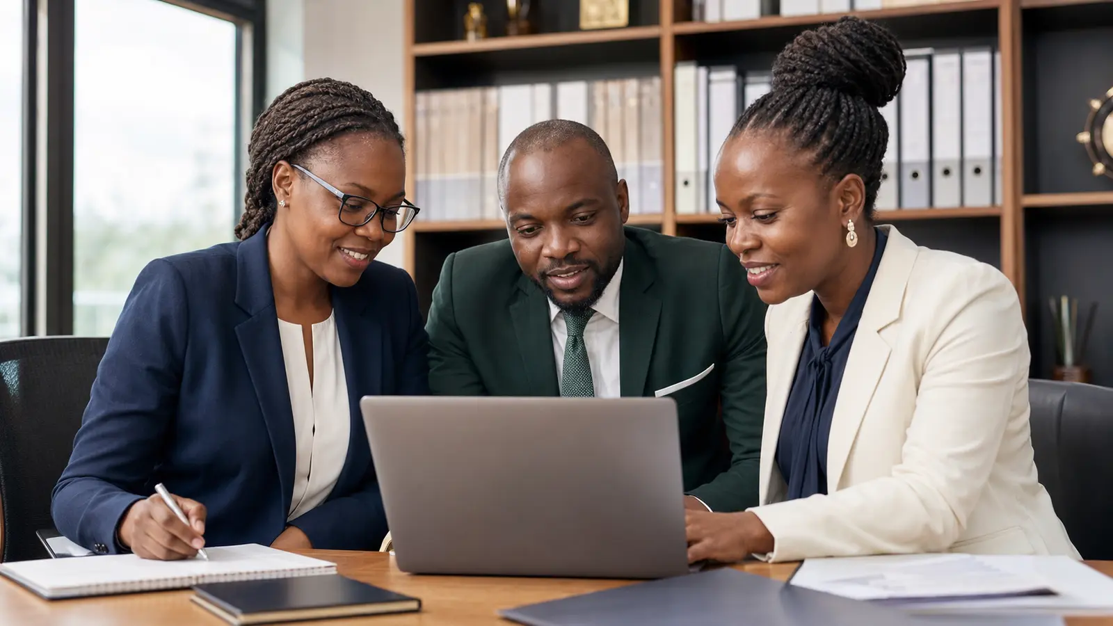 Trois responsables scolaires africains travaillent ensemble autour d’un ordinateur.